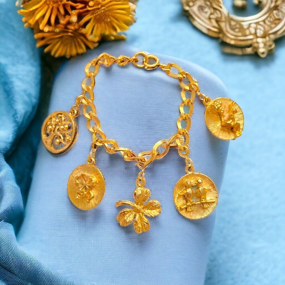 Goldtone Charm Bracelet 5 Charms Shamrock Tree Of Life Birds Mask Guitar 7"